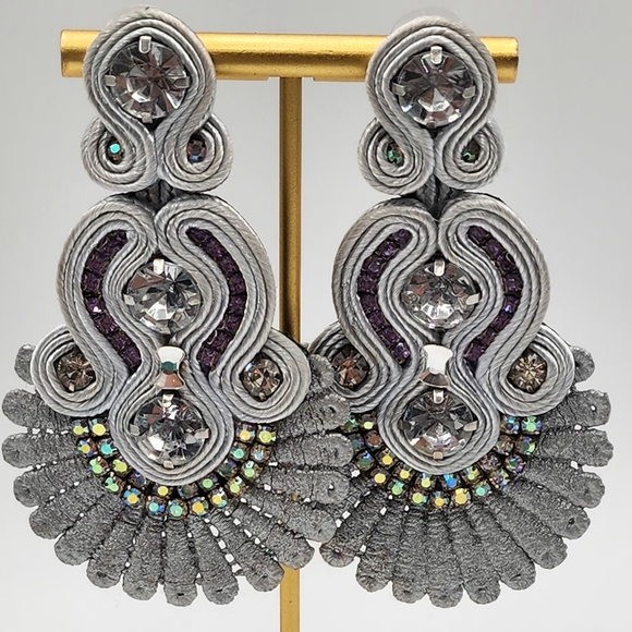 Jewelry - Silver Lace With Purple And AB Rhinestone Statement Earrings